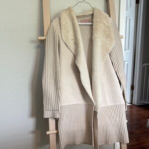 Cream Cardigan Sweater with Ribbed Detailing